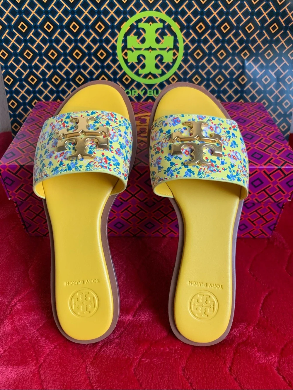 Tory Burch Yellow Floral Logo Slide Sandals with Gold Hardware
